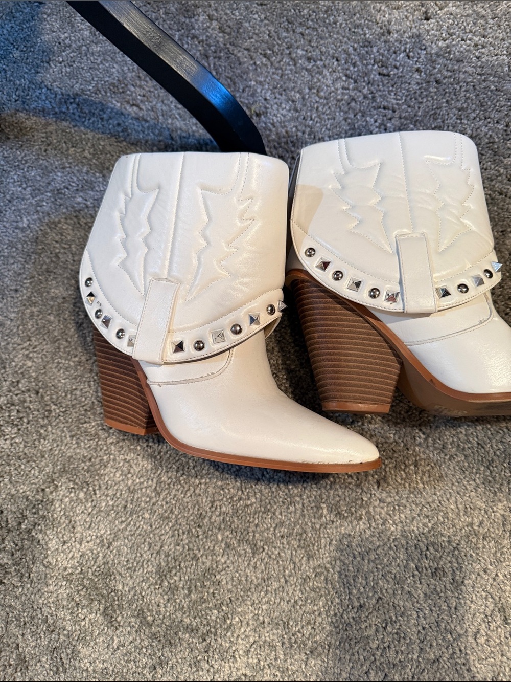 Women's White Studded Western Block Heel Booties